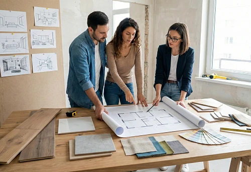 Designers and clients discuss the layout and style of interior apartment finishing