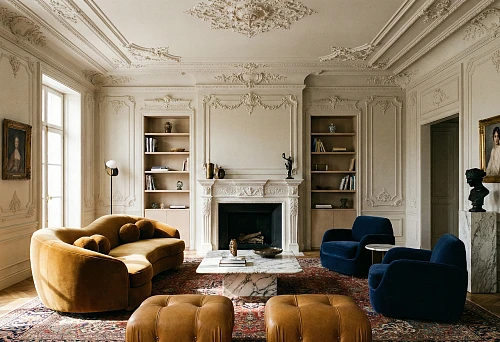Stucco and designer furniture: a neoclassical living room with stucco wall and ceiling decor and premium upholstered furniture