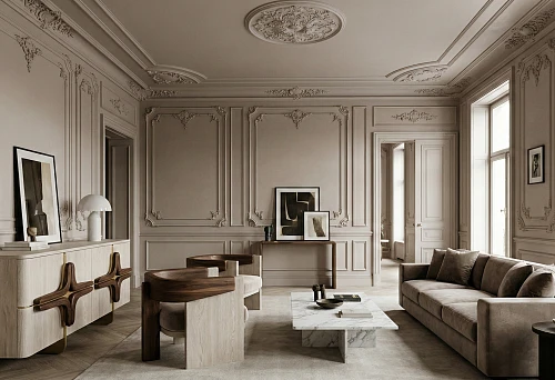 A Neoclassical living room with moldings and plasterwork: cornices, a ceiling rose, and wall frames, light-colored furniture, and a sideboard with wooden handles as a warm accent.