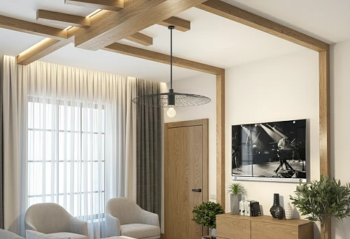 Modern Bedroom Interior with Decorative Wooden Beams