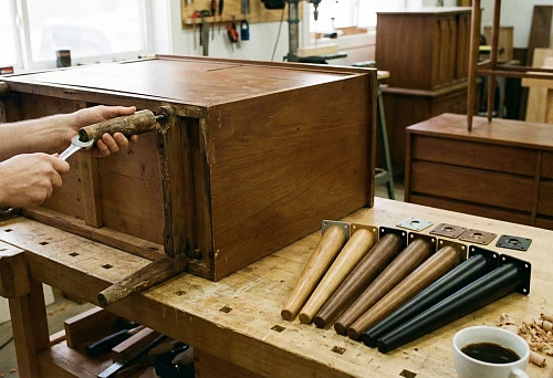 Buy furniture legs for restyling &mdash; a set of wooden and metal supports on a workbench