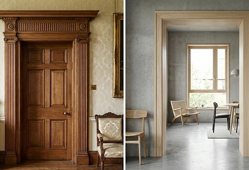 Carved wooden architrave in classic style around a door in a historical interior