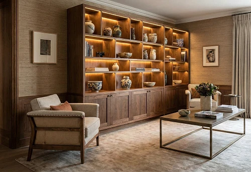Living room zone with wooden wall cladding and built-in shelving