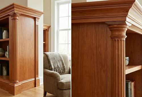 Wooden corner elements: designing the joint of a bookcase with a decorative column and cornice