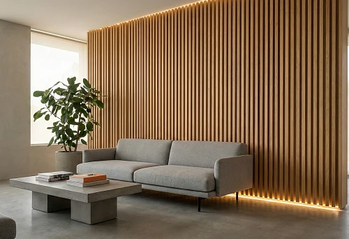 Interior wall slat in the living room: a wooden slatted panel with warm perimeter lighting