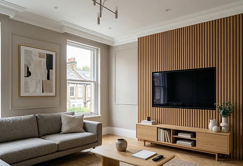 Slat panels on the wall under the TV and polyurethane molding as an example of calculating not only the price per m2 but also the visual result