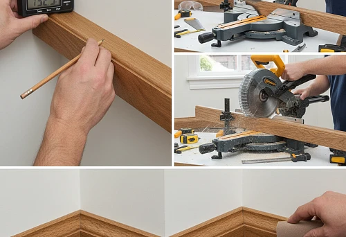 Step-by-step process of cutting and installing a wooden baseboard on complex wall corners