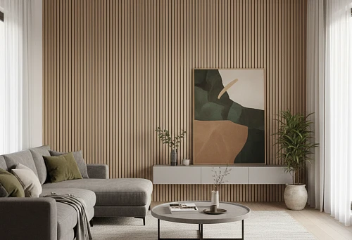 Living room interior with wooden slat beams on the wall and a gray sofa