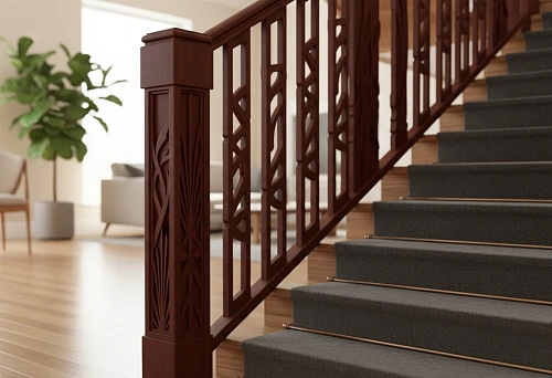 Warm-toned wooden carved balusters along the staircase in a house interior with wooden flooring and soft carpeting