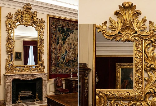 Large mirror in a massive carved gold baroque frame above a marble fireplace; rich classic interior with tapestries and furniture, large ornament and gilding on the frame