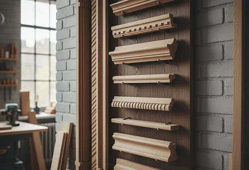 Wooden Molding of Various Profiles on Display in a St. Petersburg Workshop