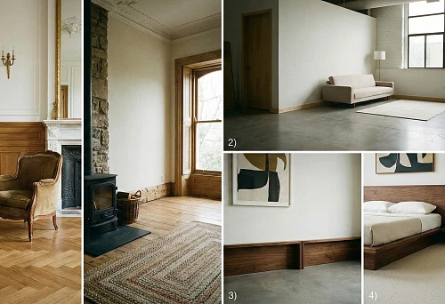 Wooden floor skirting in a classic interior: warm wood tone, paneled wall finish, and a neat line at the floor