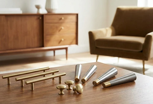 Furniture handles and legs: a set of fittings in one style on a wooden tabletop