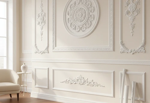 Classic Wall with White Molding &mdash; Polyurethane Decorative Overlays, Moldings, and Rosettes in a Living Room Interior