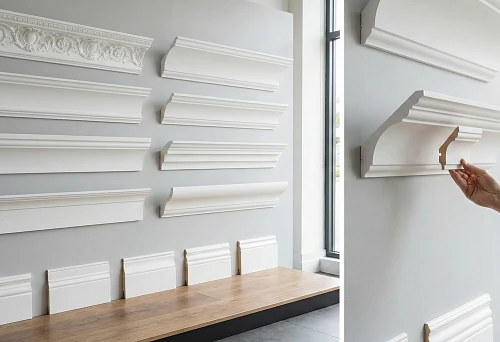 Samples of polyurethane ceiling cornices on a stand: comparison of profiles, widths, and relief