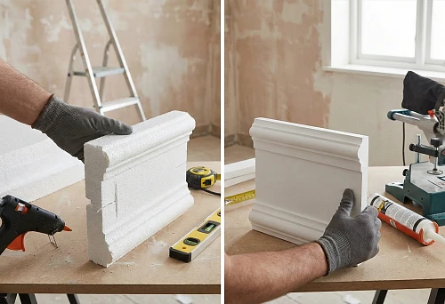 Styrofoam or polyurethane stucco molding: comparison of two profiles on a table, porous styrofoam on the left, smooth polyurethane on the right
