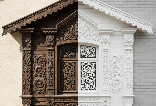 Russian domestic carving and white polyurethane moldings on architectural details