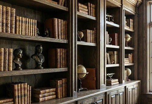Wooden shelves with interior books for decor: classic volumes in leather bindings, warm wood texture and home library atmosphere