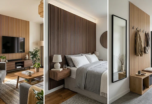 Slatted panels in living room, bedroom and hallway interiors: ideas, techniques and tips