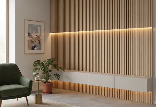 Decorative wooden rail on the wall with lighting in a modern interior