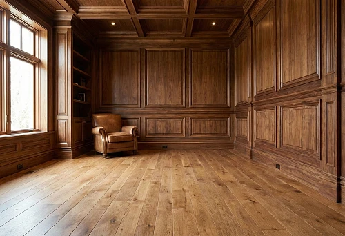 Interior with wooden baseboard and solid wood wall panels