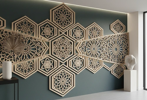 Wooden layout with carved ornament on the wall &mdash; professional solution for quality interior finishing