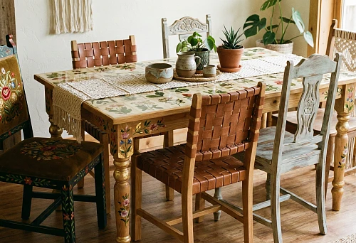 Wooden table and chairs with artistic painting, vintage furniture decor and a textile runner on the table