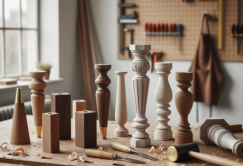 Various wooden furniture legs in different shapes and sizes, displayed on a workbench in a workshop, with tools and wood shavings in the background.