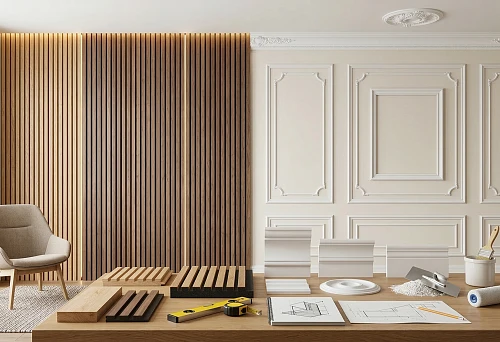 What are slat panels and molded decor: material samples for walls and ceilings in one interior