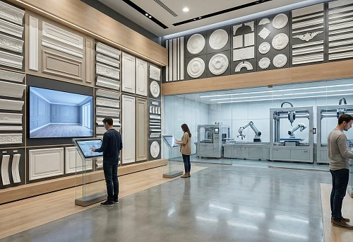 Stucco and polyurethane products store: showroom with samples of moldings, cornices, and rosettes on a stand