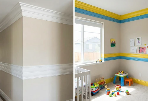 Impact-resistant wall molding and impact-resistant polystyrene ceiling plinth &mdash; examples of hallway and children's room finishing with a protective belt and ceiling cornice for painting