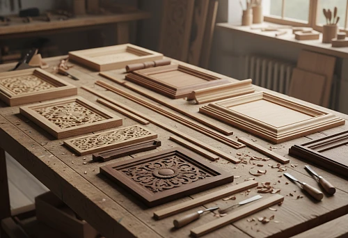 Carved wooden overlays, rails, and trims for door decor, laid out on a workbench in a workshop