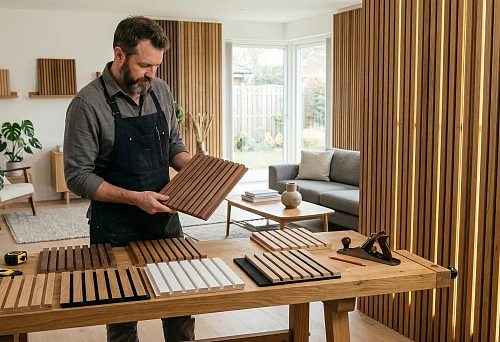 A master selects slat wall panels for interior decoration in a modern interior