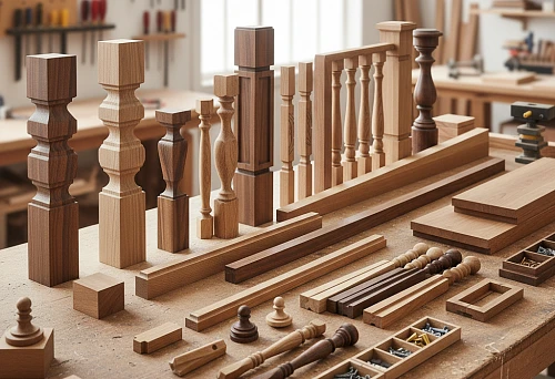 Wooden Staircase Components &mdash; Balusters, Posts, Handrails, and Fastening Elements, Laid Out on a Carpentry Workshop Workbench