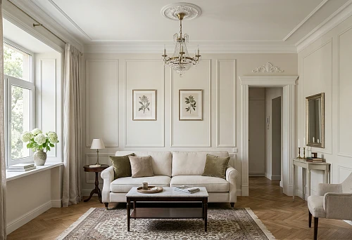 Neoclassicism in a small apartment with moldings on the walls and light stucco decor