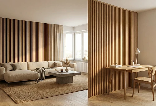 Decorative slats on the wall for zoning: a slatted partition separates the study from the living room