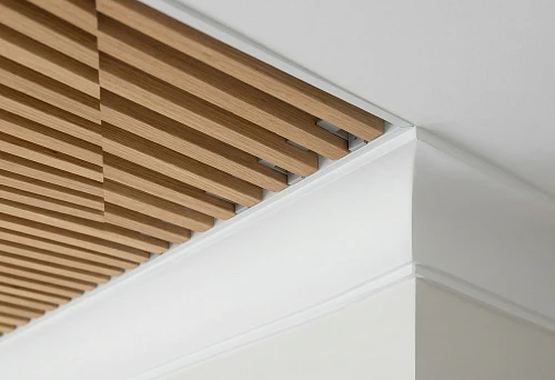 Slat ceiling panel connectors in the wall junction area with neat ceiling decor