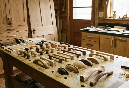 Wooden furniture handles of various shapes and sizes on a carpentry workbench in a workshop