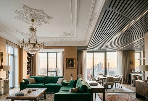 Slatted ceiling made of aluminum panels and ceiling stucco in the interior of a spacious living room
