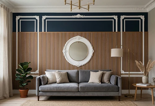 Wood-look slat panels and polyurethane stucco decor in a living room interior with a gray sofa and round mirror