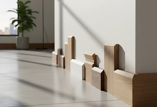 Various wooden skirting boards of different profiles and shades, displayed along a wall against the backdrop of a modern interior with soft daylight