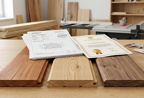 Solid wood baseboard: samples of wood species and profiles alongside technical documentation and quality certificate