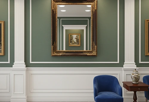 A mirror in a baguette frame on a green wall with classic panels, moldings, and a tall white baseboard &mdash; a museum effect in the interior