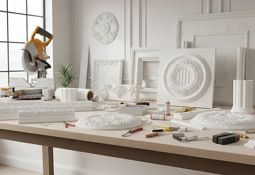 Work Desk with Decorative Molding Elements &mdash; Polyurethane Moldings, Rosettes, and Cornices Prepared for Neat Installation