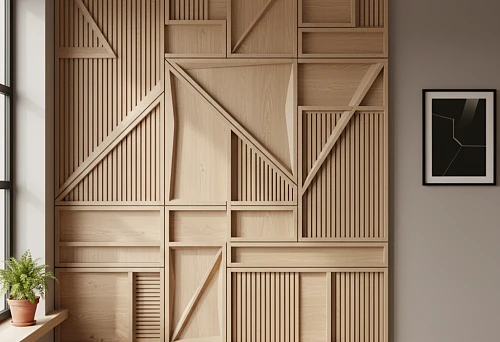 Decorative wall made of light wood, assembled from battens, blocks, and trims into a complex geometric composition.
