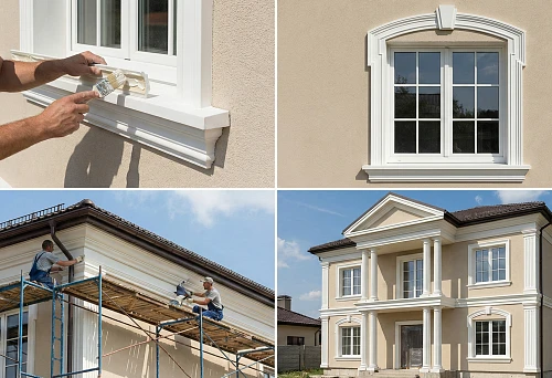 Installation of polyurethane facade stucco: a craftsman applies glue with a brush to a window casing, next to a finished window frame