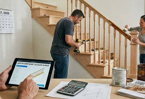 Home Craftsman Uses Tablet with 2026 Staircase Calculation for Baluster Installation