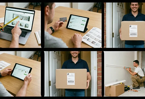 Ordering molding online: choosing cornices and moldings on a laptop, measuring with a tape measure to calculate the footage