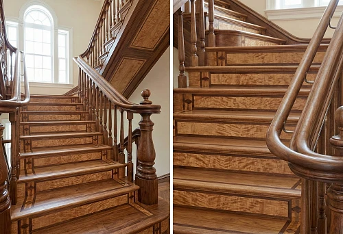 Wooden staircase with shaped layout on risers and steps, classic round handrails and balusters