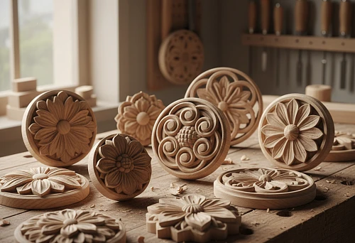 Carved decorative rosettes made of solid wood with floral and geometric patterns on the workbench of a carpentry workshop